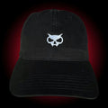Black dad hat with white fanghead embroidered on the front and Xul logo on the back