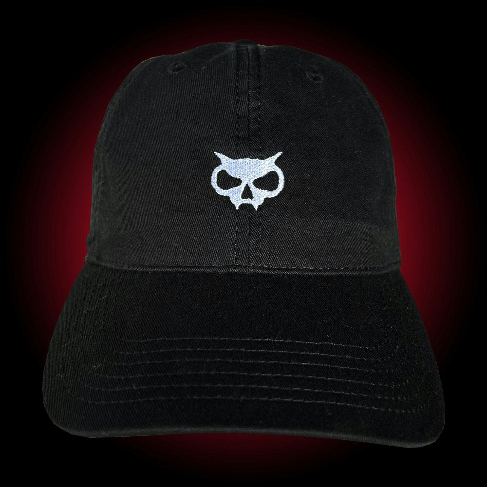 Black dad hat with white fanghead embroidered on the front and Xul logo on the back