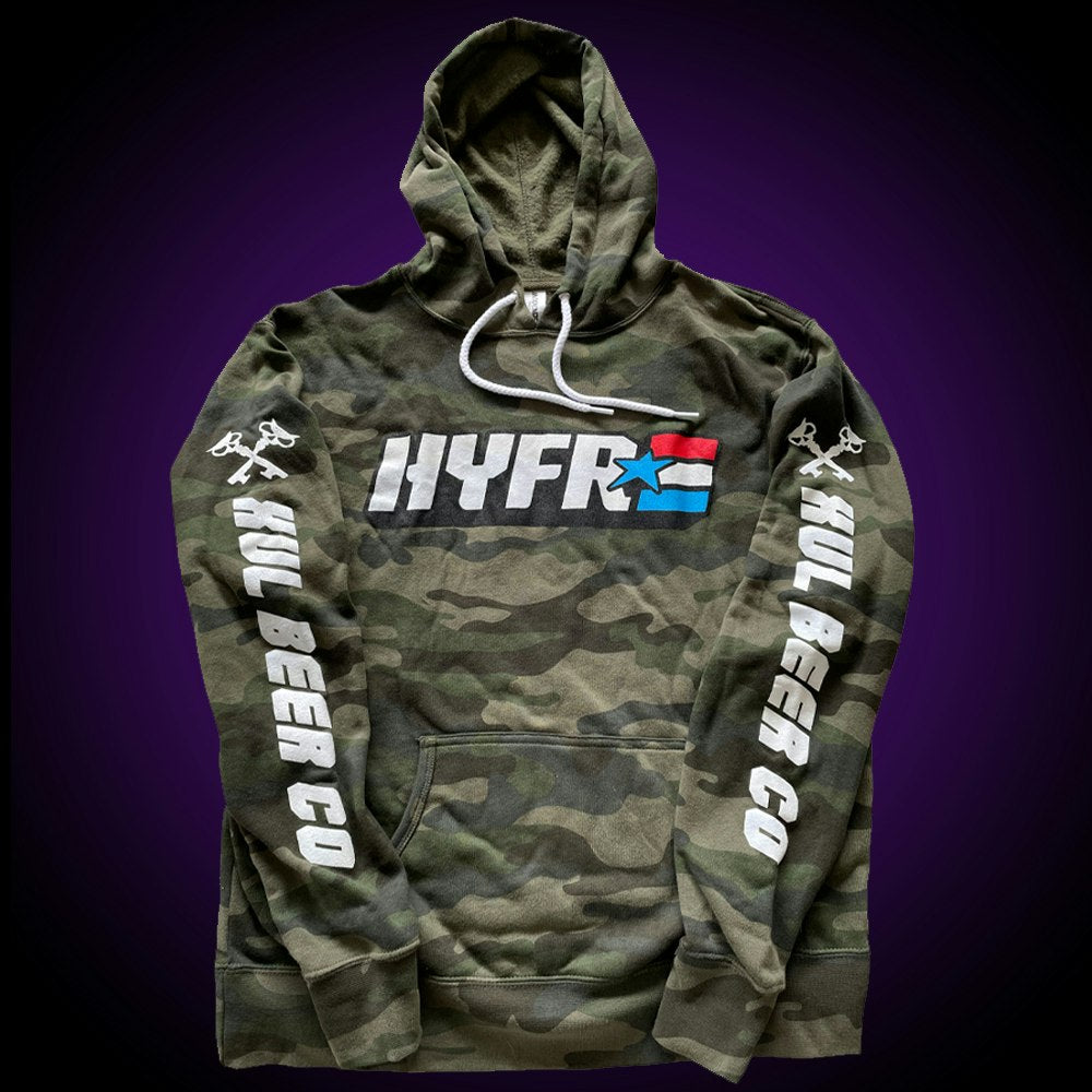 Camo hoodie with HYFR logo on the front and "Xul Beer Co" down both sleeves.
