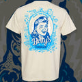 Comfort Colors tan shirt with our Betty's Cobbler can art on the back in light and dark blues.