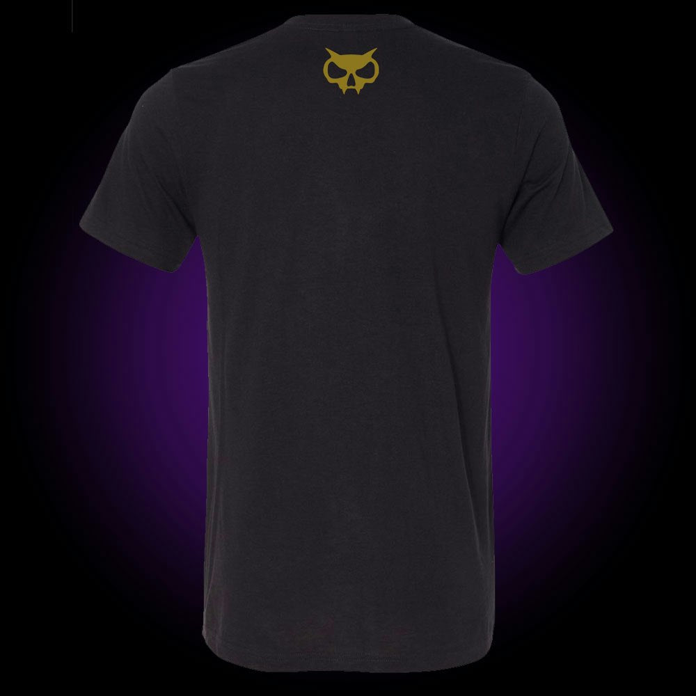 black tee with gold skull head icon