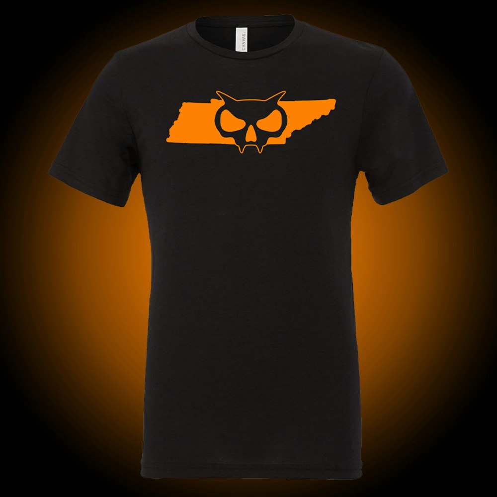 Black tee with fanghead logo over state of tennessee