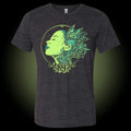 Charcoal Blacy slub tee with green graphic of woman's profile with green butterflies for hair