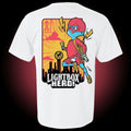 white tee with back design showing blue with red costume flying over knoxville skyline