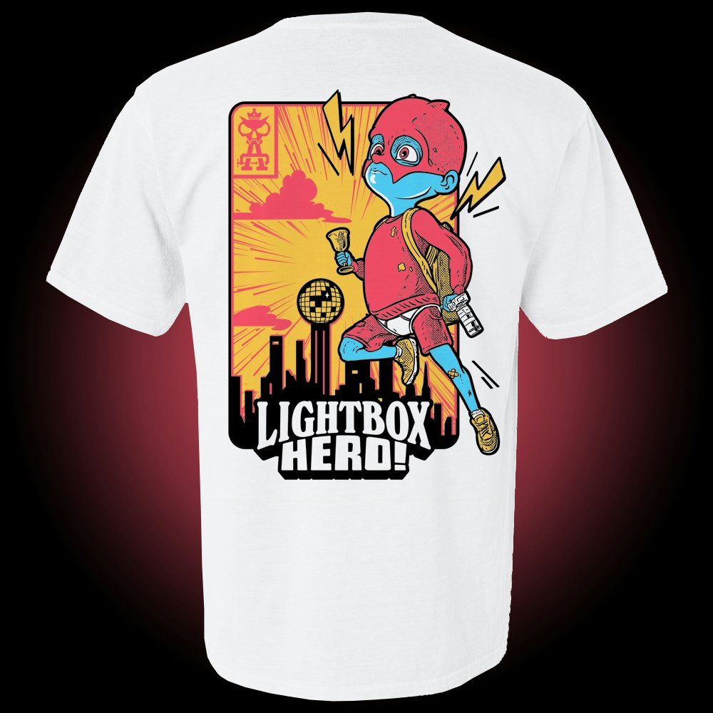 white tee with back design showing blue with red costume flying over knoxville skyline