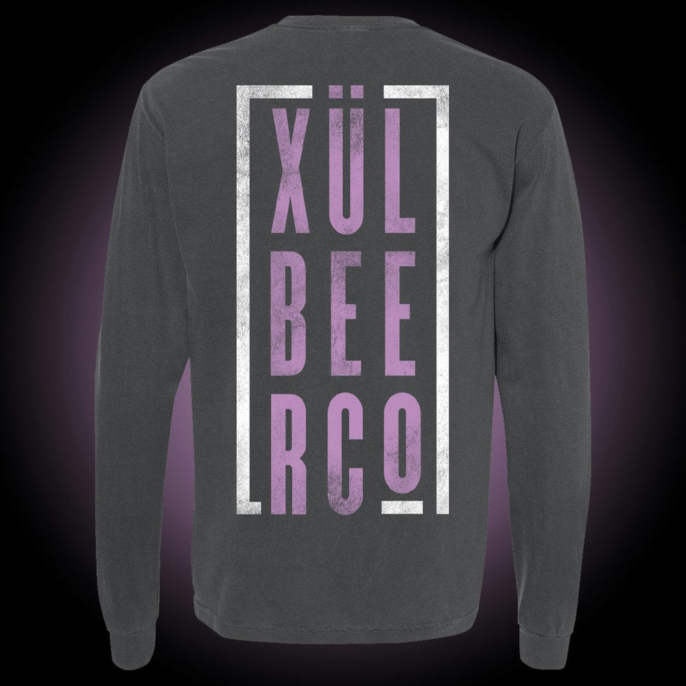 Comfort Colors long sleeve shirt, pepper color. Stacked purple and white Xul Beer Co. on the back.