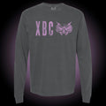 Comfort Colors long sleeve shirt, pepper color. Purple XBC logo on front.