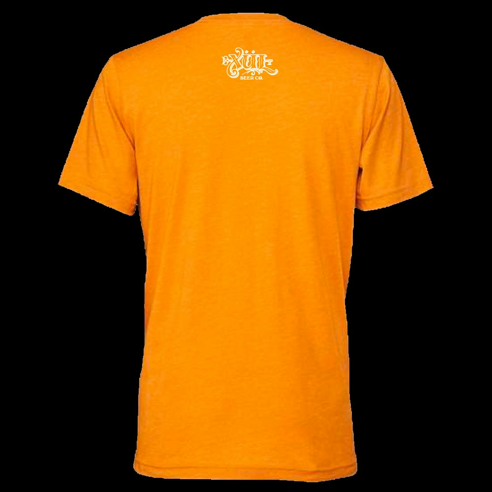 back of orange tee with Xul Logo centered below neck