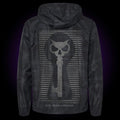 black camo windbreaker with our faded keyhole icon on the back