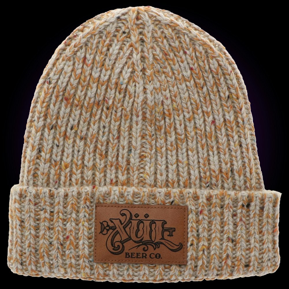 Leather Patch Speckled Beanie - Tan
