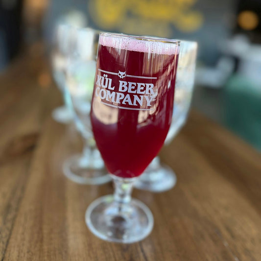 13 oz Rastal Aviero Goblet Glass with Xul Beer Company in white.