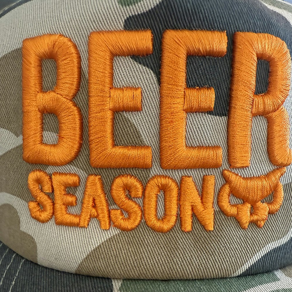Xul Camo hat with puffed embroidered "Beer Season" on the front.
