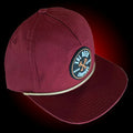 Cardinal red grandpa hat with a khaki cord. It has a round rubber patch with our circle logo.