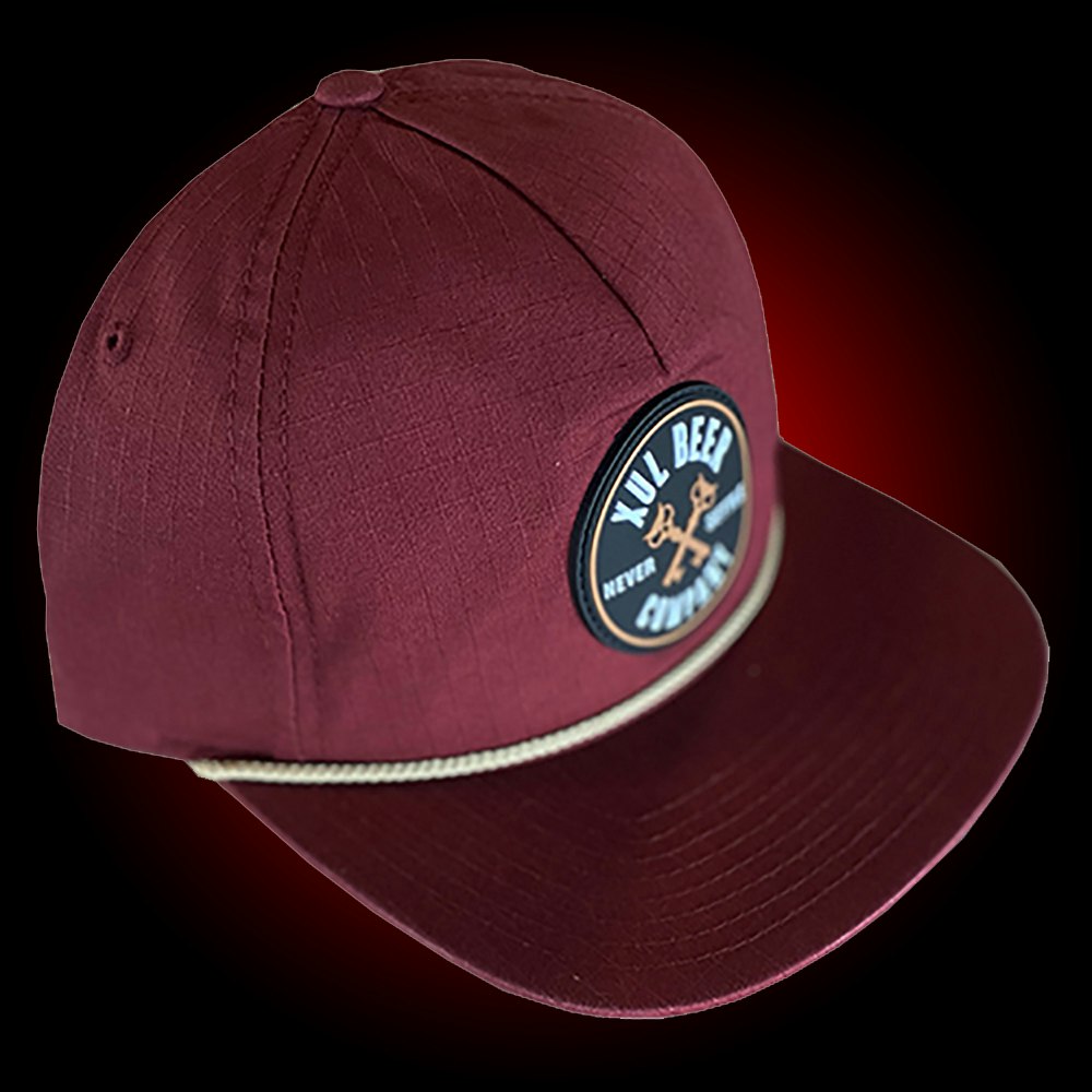 Cardinal red grandpa hat with a khaki cord. It has a round rubber patch with our circle logo.