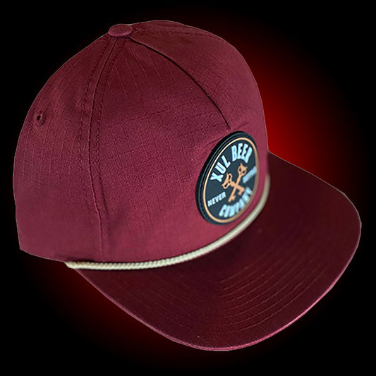 Cardinal red grandpa hat with a khaki cord. It has a round rubber patch with our circle logo.
