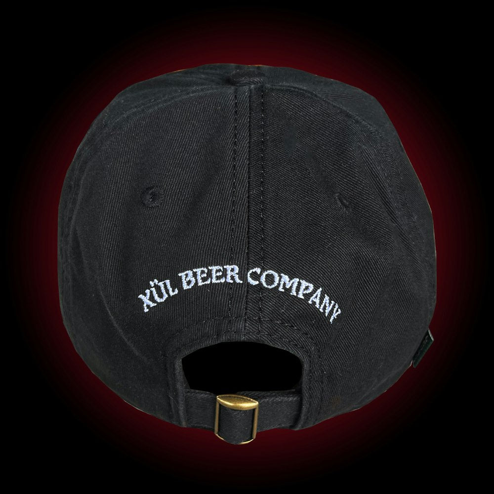 Black dad hat with white fanghead on front and white Xul logo on the back