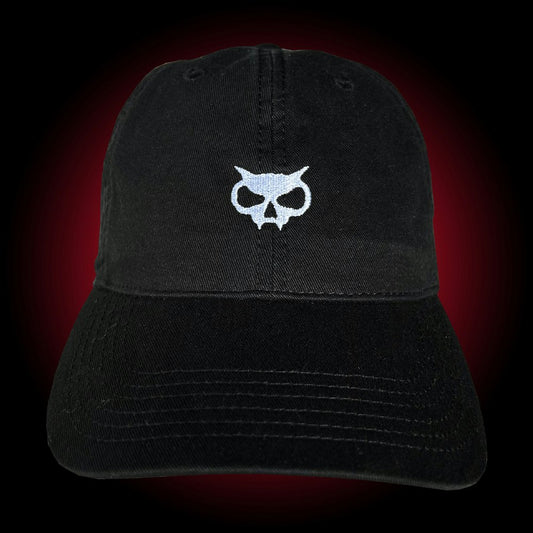 Black dad hat with white fanghead embroidered on the front and Xul logo on the back