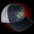 Black mesh trucker hat with our full logo on a black leather patch.