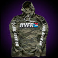 Camo hoodie with HYFR logo on the front and "Xul Beer Co" down both sleeves.