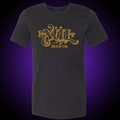 Full logo tee in black with gold print.