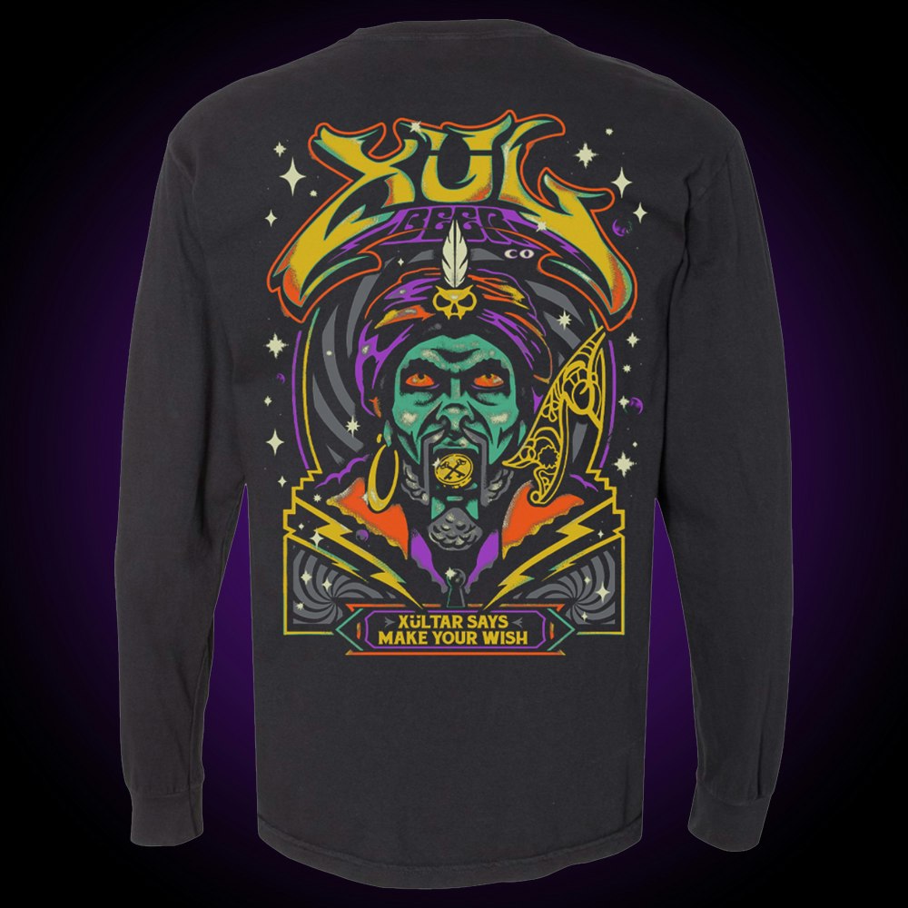 black comfort colors long sleeve tee with Xul-tar fortune teller on the back