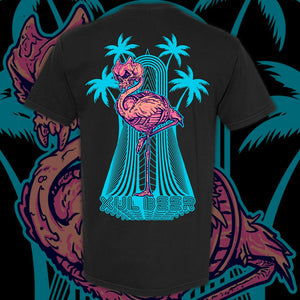 Neon Xulmingo on a black AS Colour Staple tee. Flamingo with skull head and beer barrel body. Large blue palm trees popping out behind with Xul Beer.