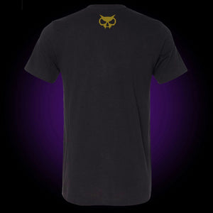 black tee with gold skull head icon