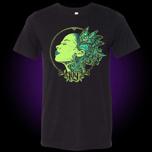 black shirt with Ivy illustration in green