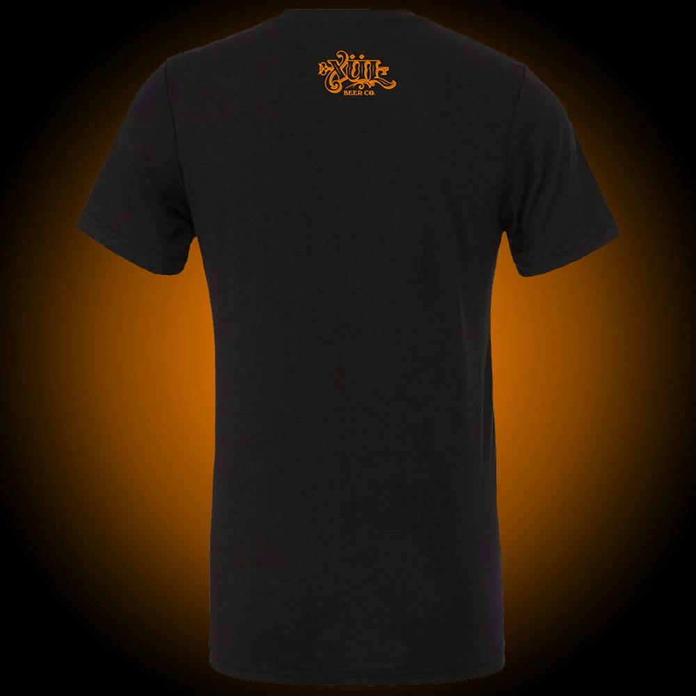 back of black tee with orange Xul logo centered below neck.