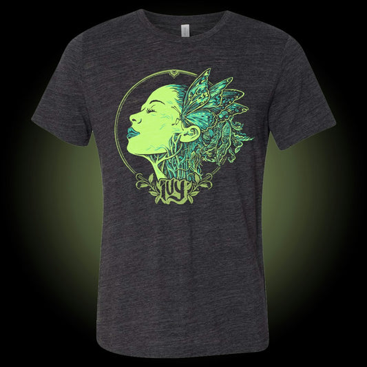 Charcoal Blacy slub tee with green graphic of woman's profile with green butterflies for hair
