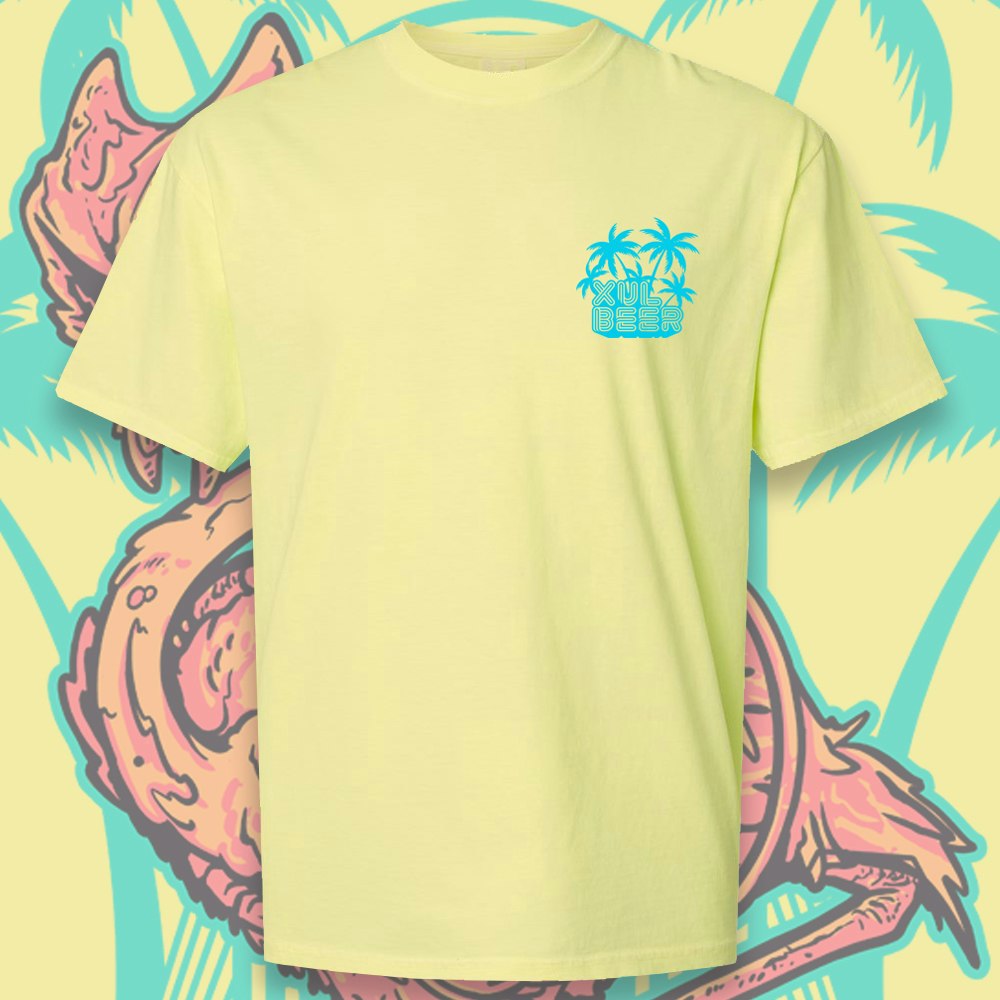 Front image has Xul Beer written in blue with palm trees popping out behind it.