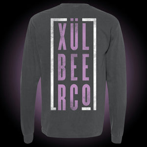 Comfort Colors long sleeve shirt, pepper color. Stacked purple and white Xul Beer Co. on the back.