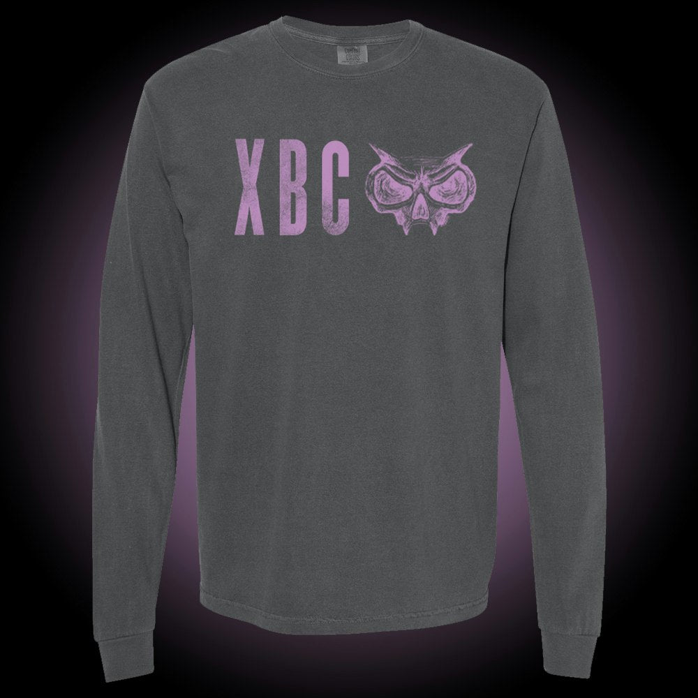 Comfort Colors long sleeve shirt, pepper color. Purple XBC logo on front.