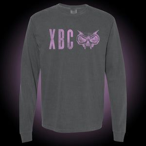 Comfort Colors long sleeve shirt, pepper color. Purple XBC logo on front.