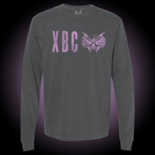 Comfort Colors long sleeve shirt, pepper color. Purple XBC logo on front.