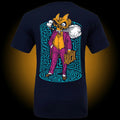 Navy tee with Xul suited character carrying a suitcase and smoking a cigar