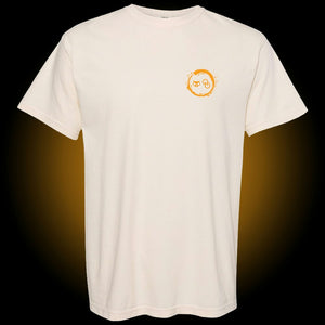 ivory comfort colors tee with orange Xul and Other Half mash-up logos in orange on left chest