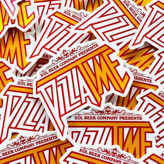 white and yellow pizza time logo sticker with red letters outlined