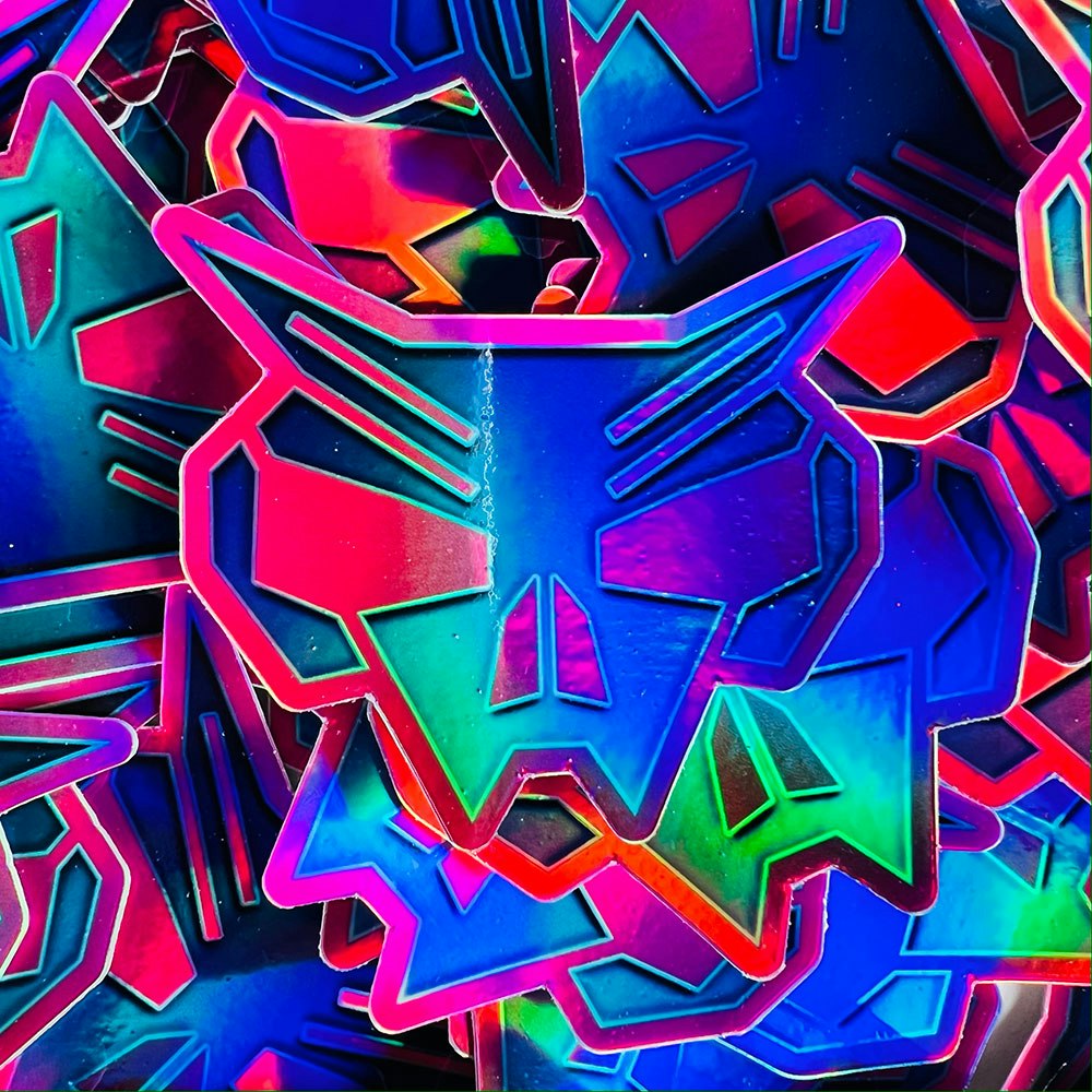 stack of holographic tech noir stickers
